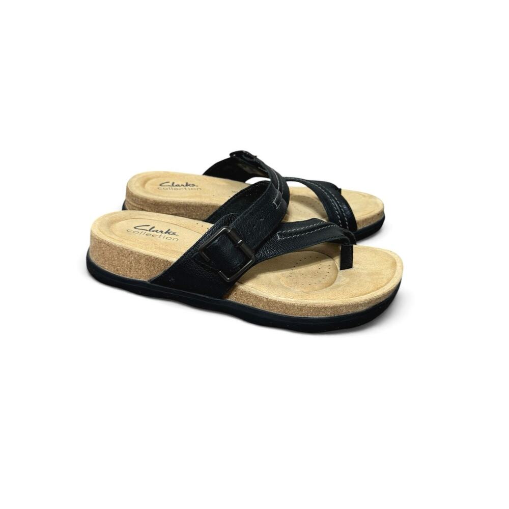Clarks Brynn Women’s Black Leather Toe Post Buckle Strap Sandals Size 7.5